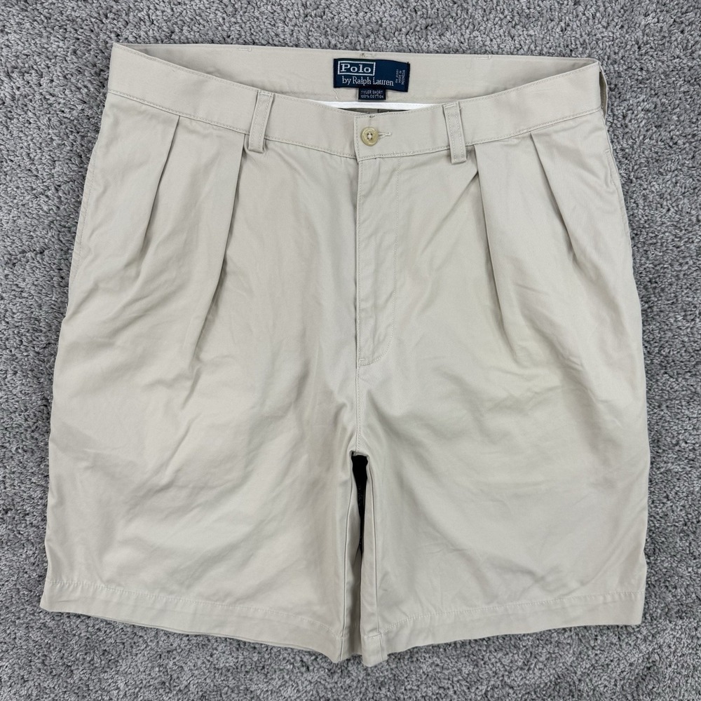 Vintage Polo Ralph Lauren Tyler Shorts Men's 34 Beige Pleated Chino Preppy